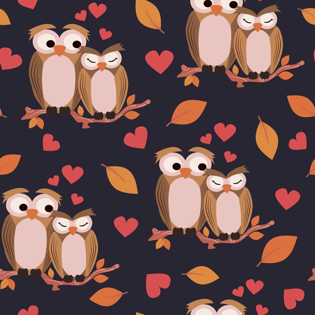 Owl couple in love funny valentines day seamless pattern