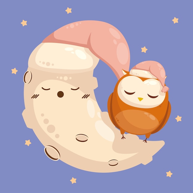 Vector owl and crescent moon sleeping