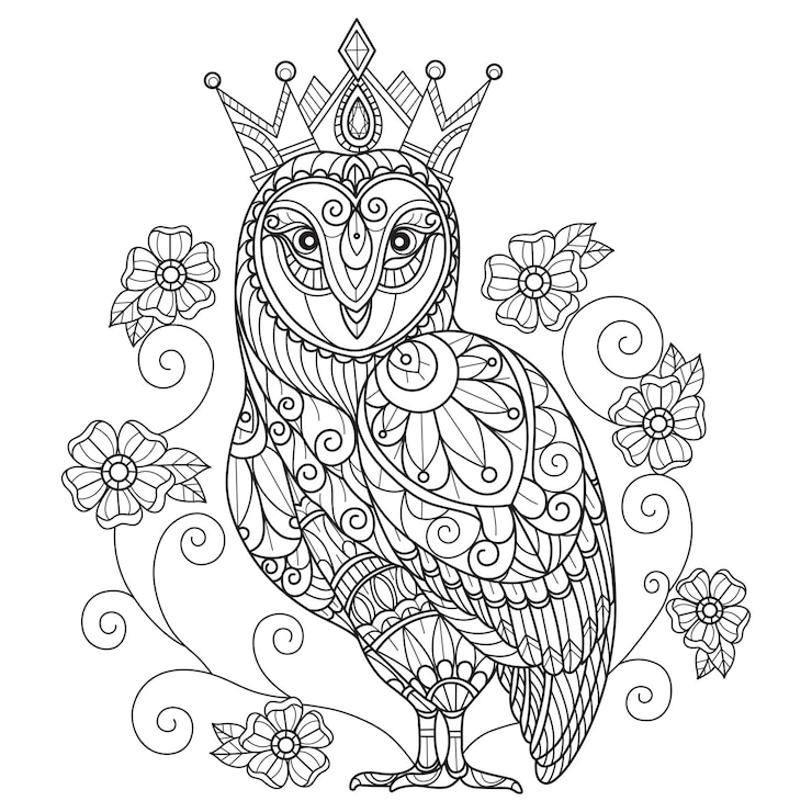 Vector owl and crown hand drawn for adult coloring book