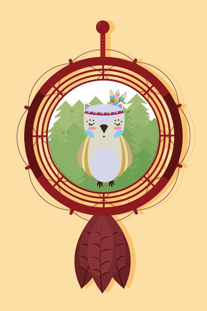 Owl on dream catcher cute hippie cartoon