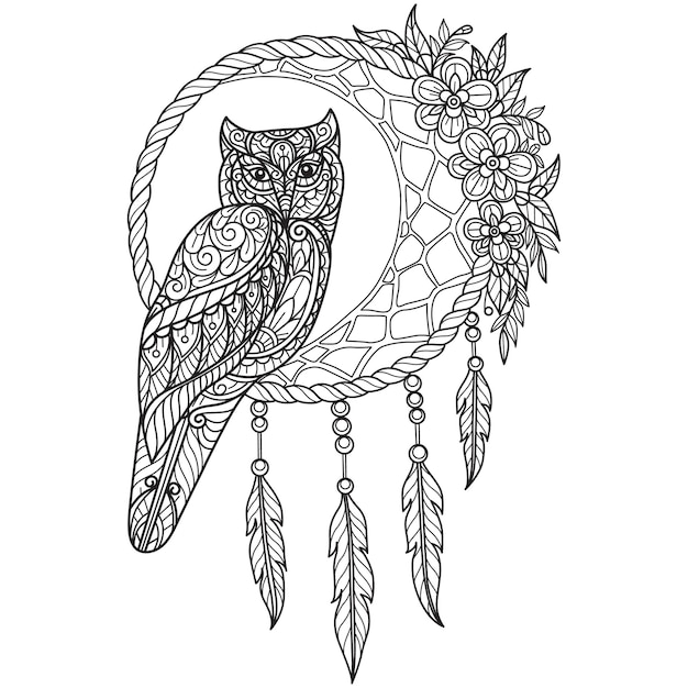 Vector owl and dream catcher hand drawn for adult coloring book