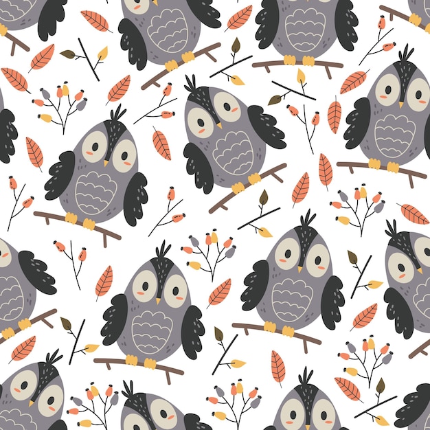 Owl forest seamless repeated endless pattern flat graphic design illustration