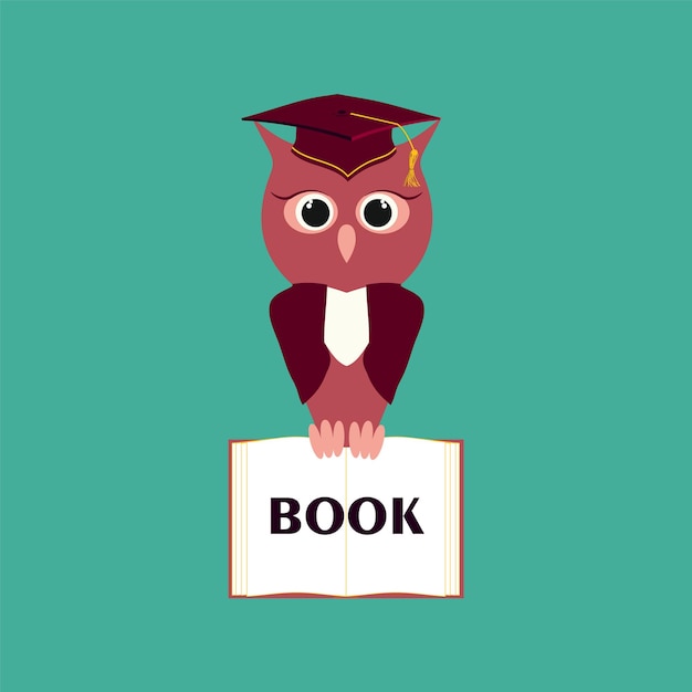 Owl in a graduate hat master cap holds an open book in his paws Vector owl character