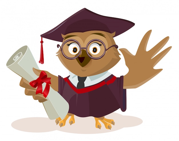 Owl graduate holding diploma