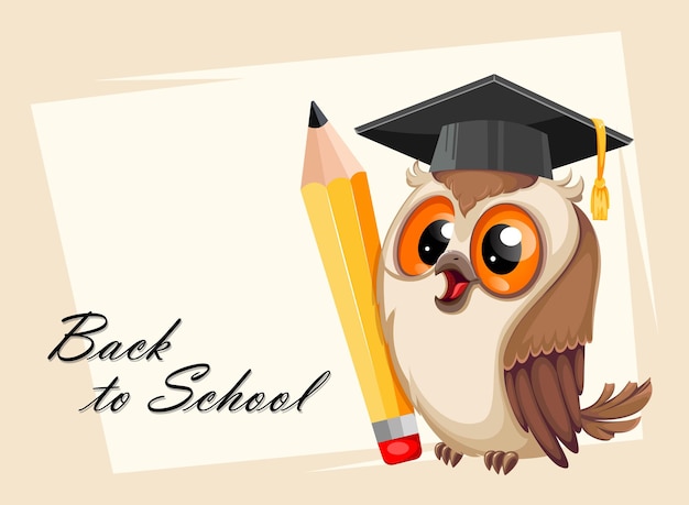 Owl in graduation cap holding pencil Back to school concept Wise owl cute cartoon character