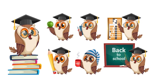 Vector owl in graduation cap, set of seven poses. back to school concept. wise owl cartoon character