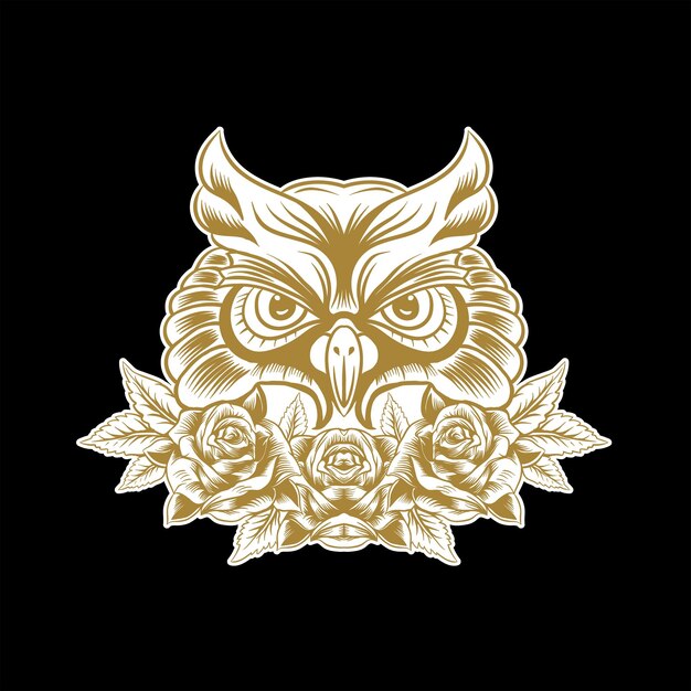 Owl head and flower illustration logo