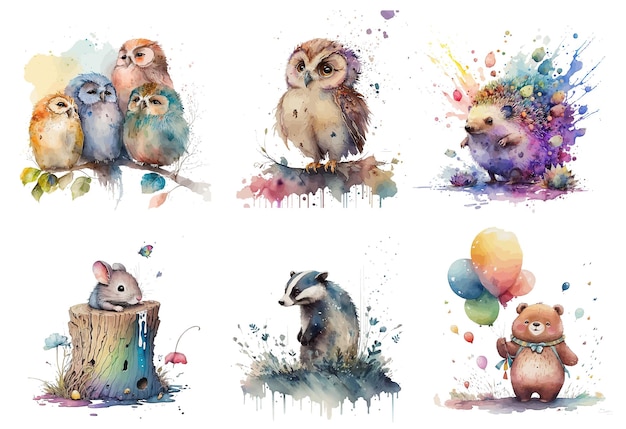 Vector owl hedgehog mouse badger and bear in watercolor style isolated vector illustration