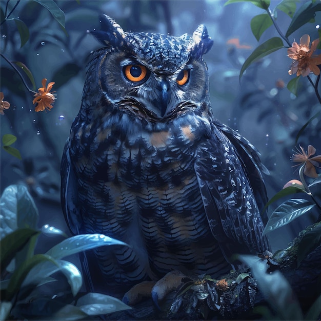 Vector owl illustration sitting on tree at night