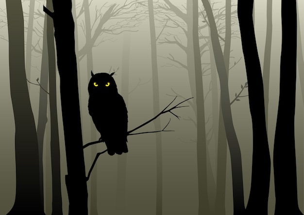 Vector owl in the misty woods