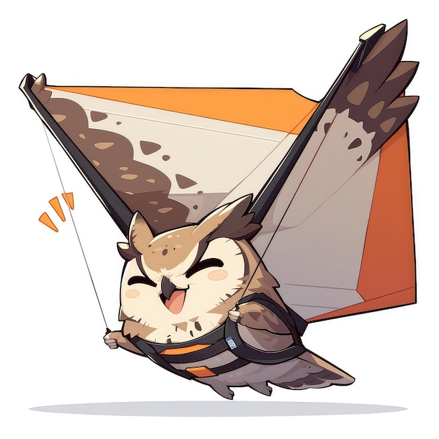 An owl is gliding on a hang glider cartoon style