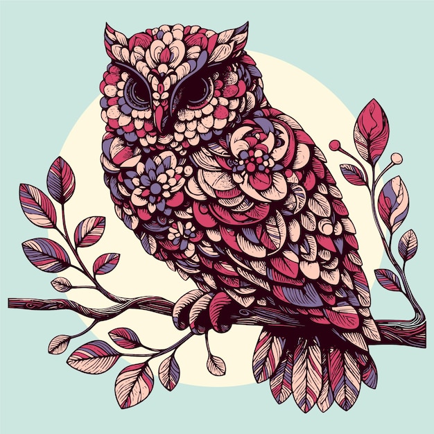 Vector an owl is sitting on a branch with flowers and leaves