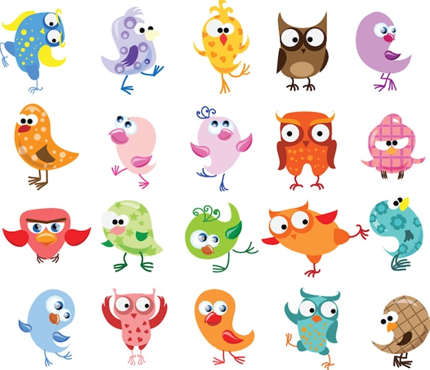 Owl kids cute baby birds in various poses vector colored funny wild animals cartoon collection