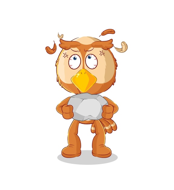 Owl lifting rock cartoon character vector