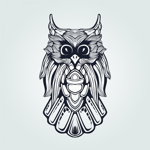 Vector owl line art dark blue ronin style