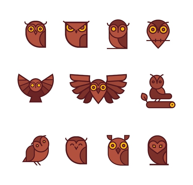 Vector owl linear illustration vector set