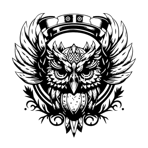 owl logo hand drawn black and white illustration