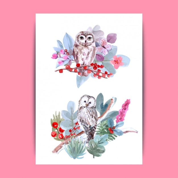 Vector for owl lover, hand-drawn wildlife set watercolor style