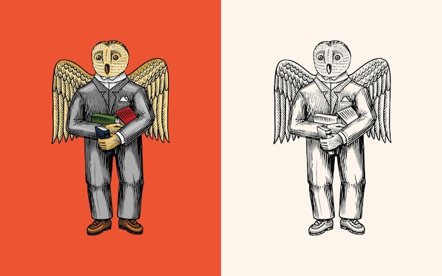 Vector owl man with large wings in a suit with books smart bird fashion animal character hand drawn woodcut