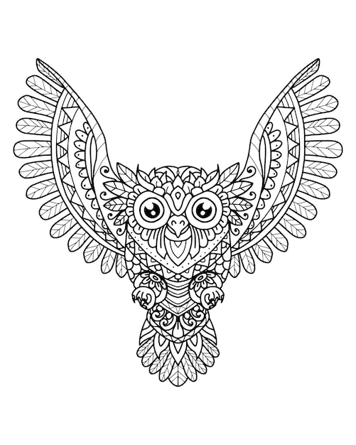 フクロウ曼荼羅装飾デザイン。ぬりえ