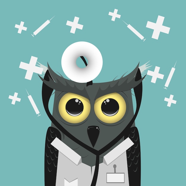 Vector owl medical doctor prepares his head mirror device to examine and diagnose patient hand drawn vector illustration