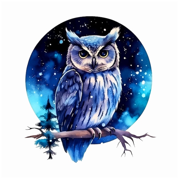 Owl in night watercolor paint