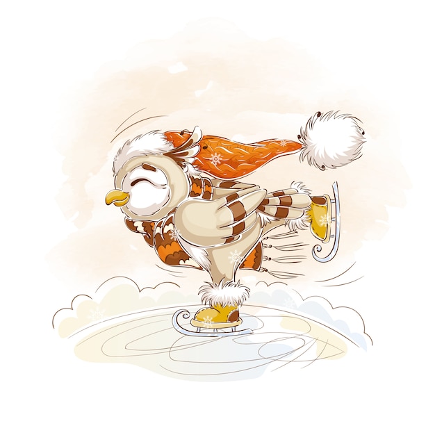 An owl in an orange knitted hat and striped scarf skates.