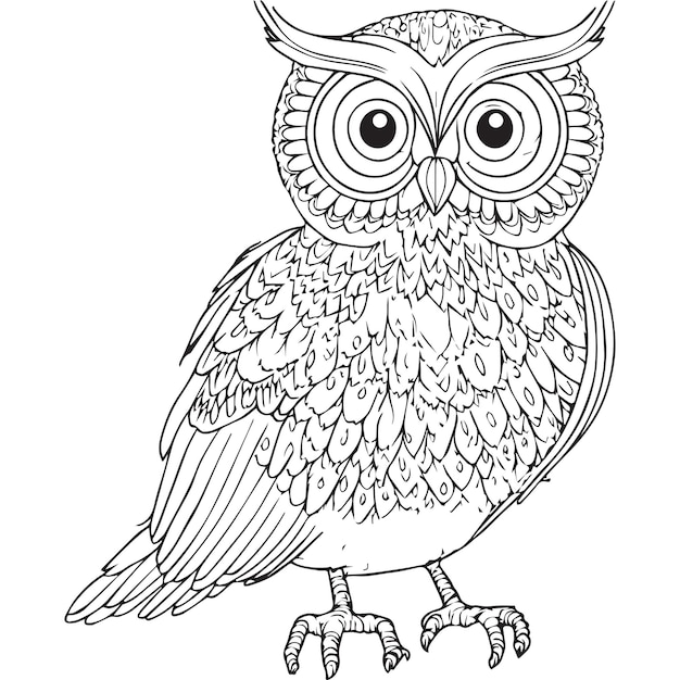 Illustrazione vettoriale del contorno del gufo libro da colorare per bambini disegno in bianco e nero dell'uccello cartone animato