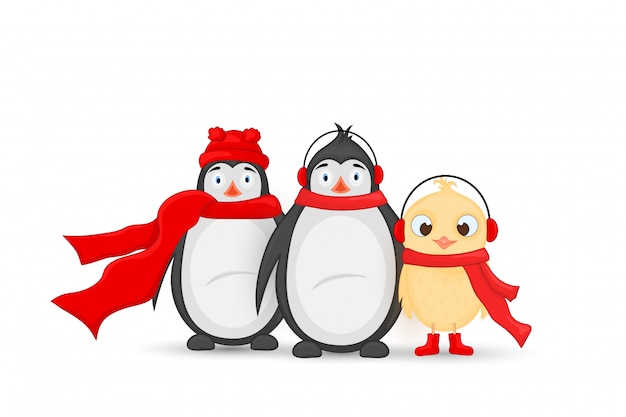 サンタクロースの帽子とスカーフのフクロウとペンギン