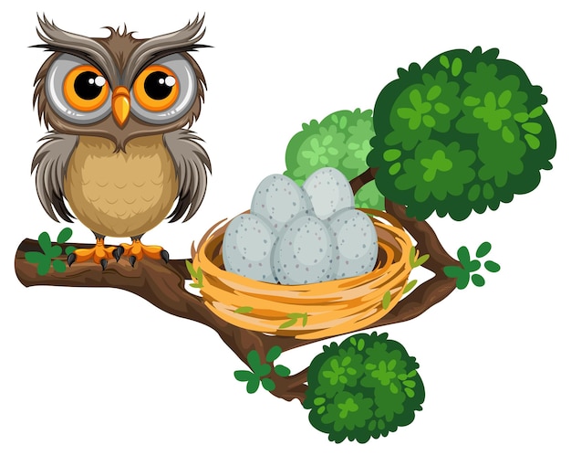 Vector owl perching on tree branch