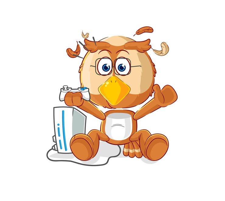 Vector owl playing video games cartoon character