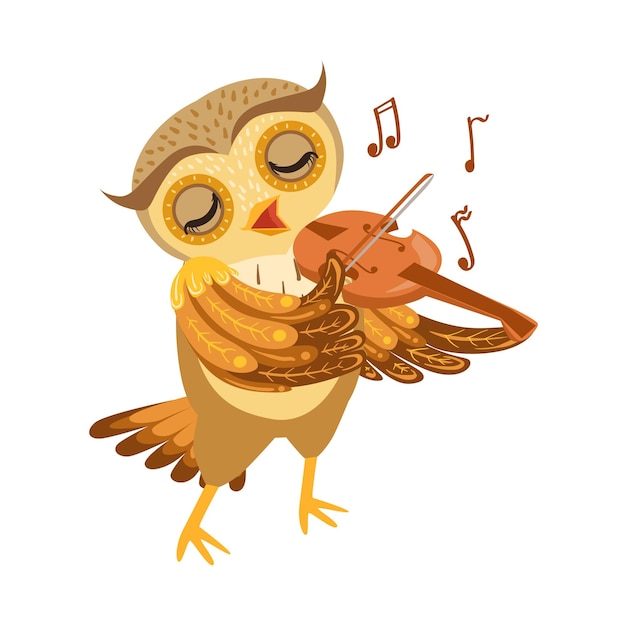 Owl Playing Violin Cute Cartoon Character Emoji With Forest Bird Showing Human Emotions And Behavior