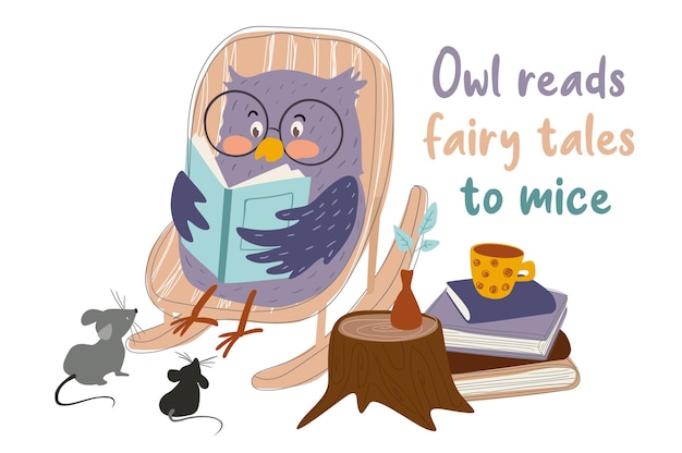 Vector owl reads fairy tales to mice concept background