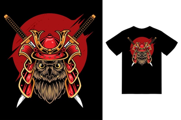 Owl samurai illustration with tshirt design premium vector