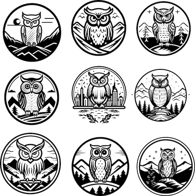 Owl silhouette logo collectie zwart-wit vector illustratie