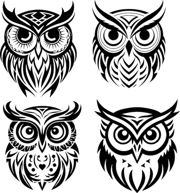 Коллекция логотипов с силуэтом совы черно-белая векторная иллюстрация