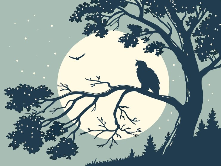 Vector owl silhouette sitting on a tree at night