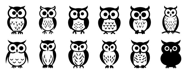 Vector owl silhouettes set large pack of vector silhouette design isolated white backgroundx9