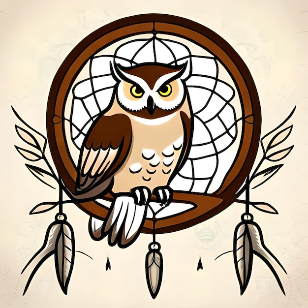 A owl sits on a dream catcher with the words " owl " on the side.