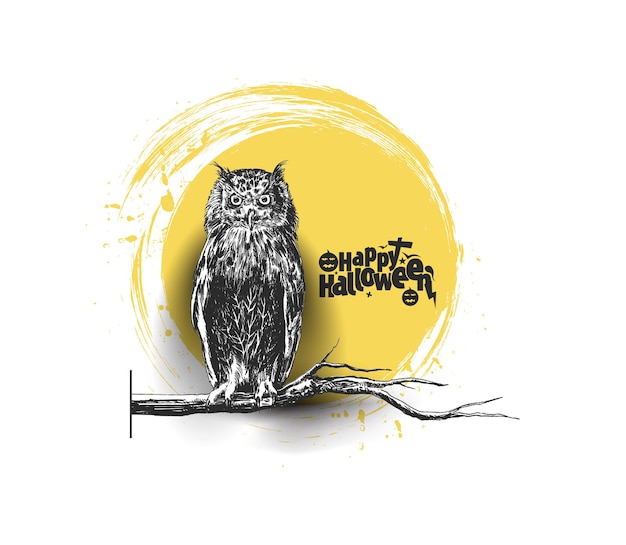 Owl sitting on a branch silhouette with Happy Halloween Text background, Hand Drawn Sketch Vector.