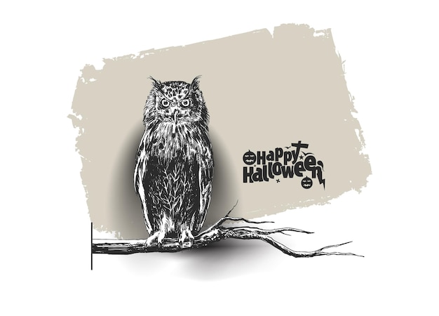 Owl sitting on a branch silhouette with happy halloween text background, hand drawn sketch vector.