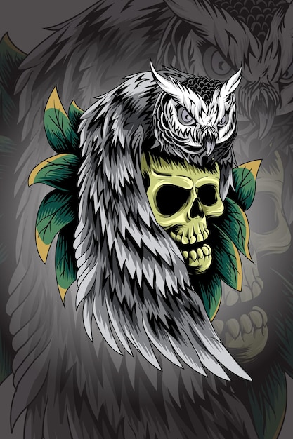 Owl skull with leaf vector illustration