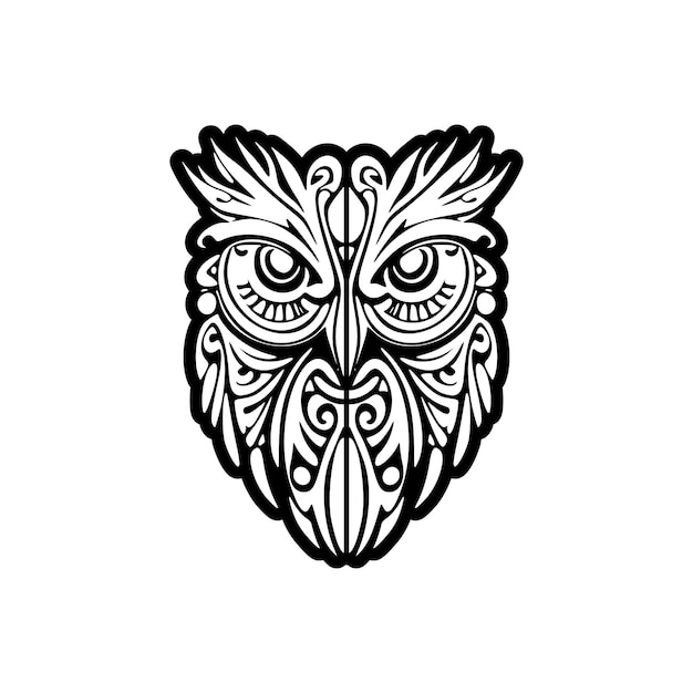 An owl tattoo in black and white boasting Polynesian designs