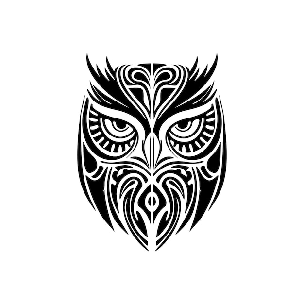 Vector owl tattoo in black and white with polynesian designs