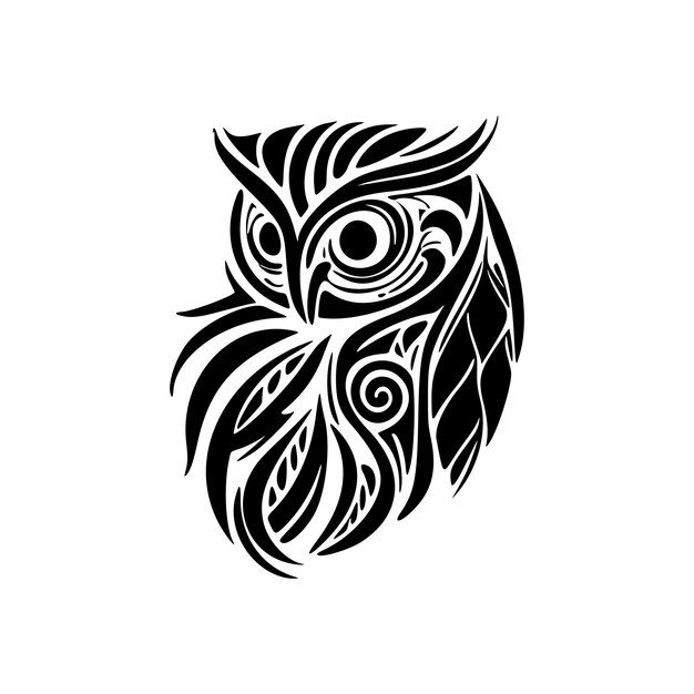 An owl tattoo with black and white designs in Polynesian style