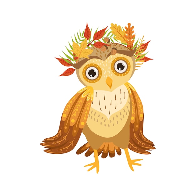 Owl Wearing Leaf Wreath Cute Cartoon Character Emoji With Forest Bird Showing Human Emotions And Behavior