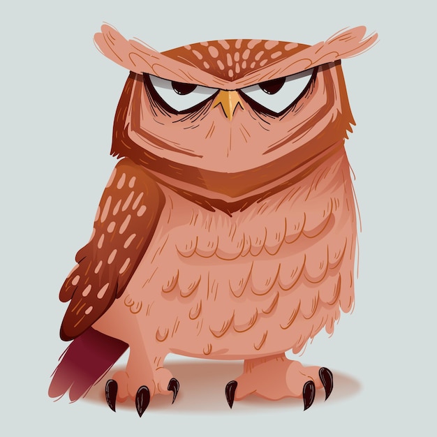 Vector an owl with an angry face is on a gray background.