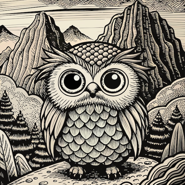 Vector an owl with big eyes sits on a mountain