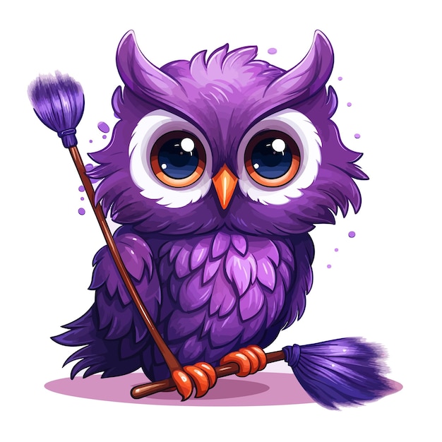 An owl with a broom and a purple background