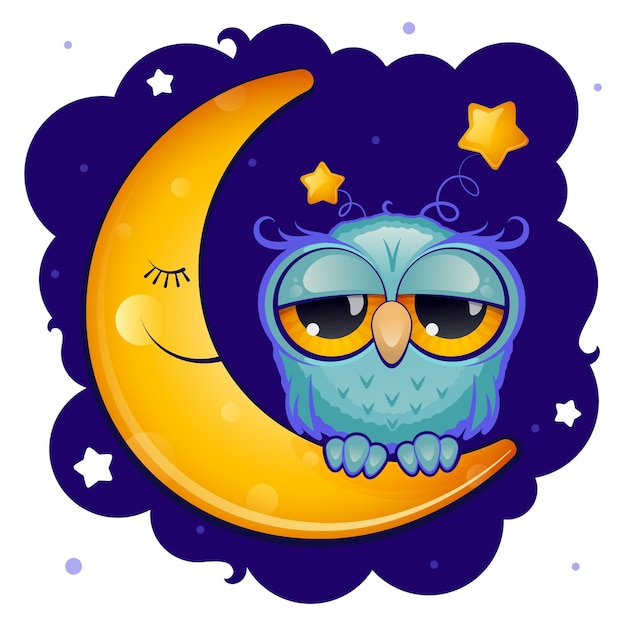 Owl and yellow moon on the background of the night sky with stars Sleep concept Cartoon style